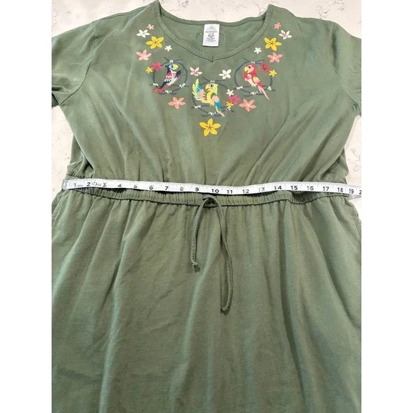 Disney Parks Enchanted Tiki Room Embroidered Parrot Dress Olive Green XL Pockets - Picture 7 of 9